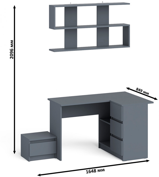 Мори компьютерный стол МС-16 правый + Тумба ТМП400.1 + Полка 1200, графит