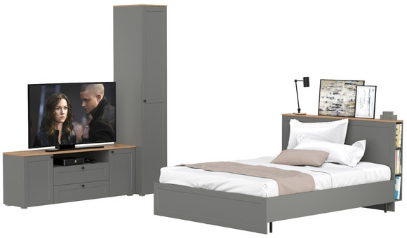 Остин 11.53 Кровать + ортопед + 13.225 Шкаф-пенал + 16.47 Тумба под ТВ, серый графит/дуб крафт золотой