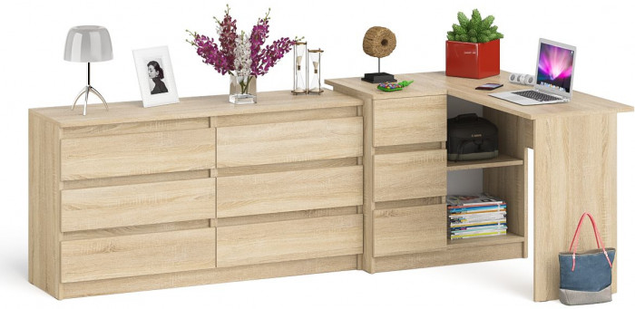 Мори компьютерный стол МС-16 левый + Комод МК1380.6, дуб сонома