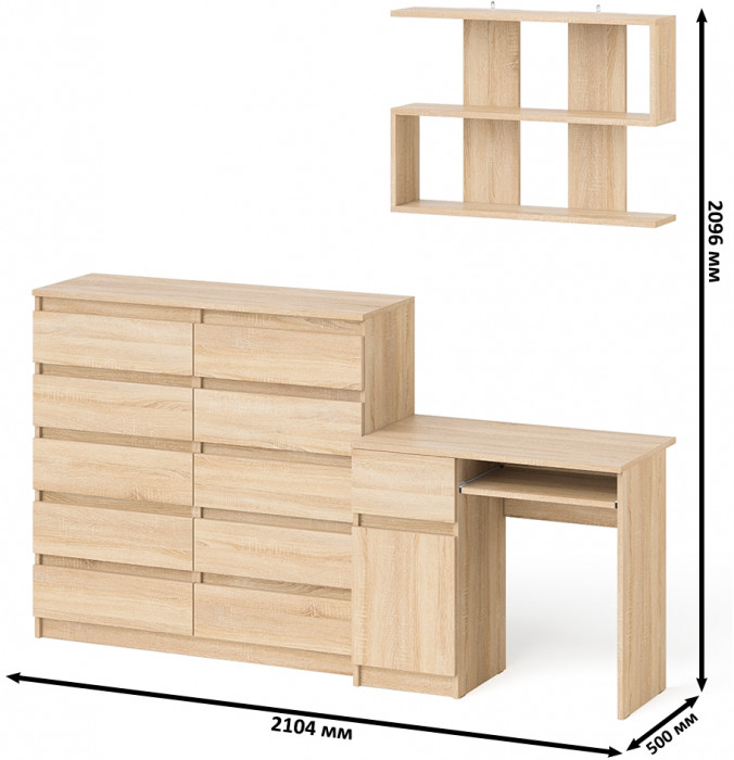 Мори Стол компьютерный МС-1 левый + Комод МК1200.10 + Полка 900, цвет дуб сонома, ШхГхВ 210,4х50х209,6 см., НЕ универсальная сборка