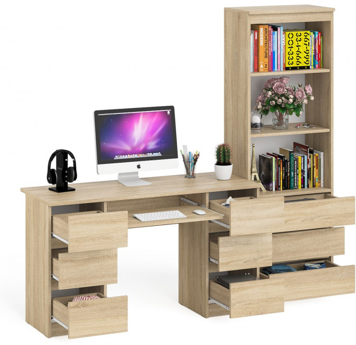 Мори компьютерный стол МС-2 + Стеллаж МСТ600.3, дуб сонома