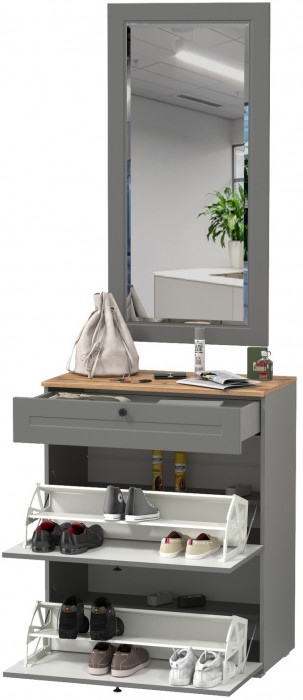 Остин 16.121 Тумба для обуви + 17.03 Зеркало, серый графит/дуб крафт золотой