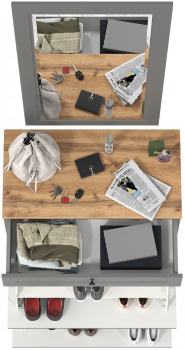 Остин 16.121 Тумба для обуви + 17.03 Зеркало, серый графит/дуб крафт золотой