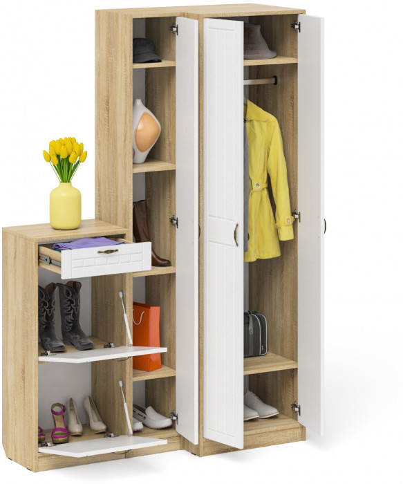 Прихожая П-6 Компоновка № 28, дуб сонома/фасады МДФ белое дерево фрезеровка прованс