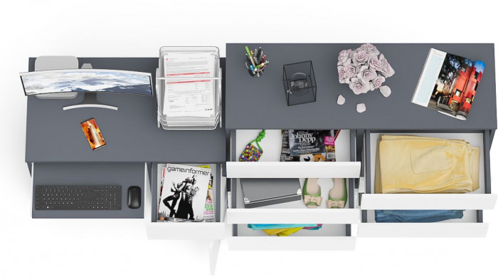 Мори компьютерный стол МС-1 правый + Комод МК1200.8, графит/белый