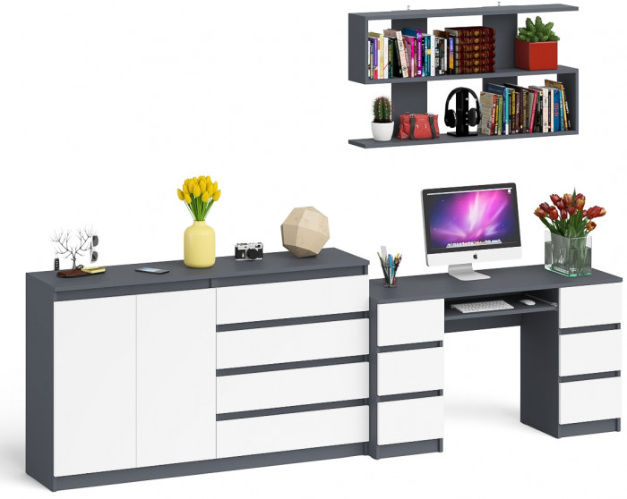 Мори компьютерный стол МС-2 + Комод МК1600.1 + Полка 1200, графит/белый