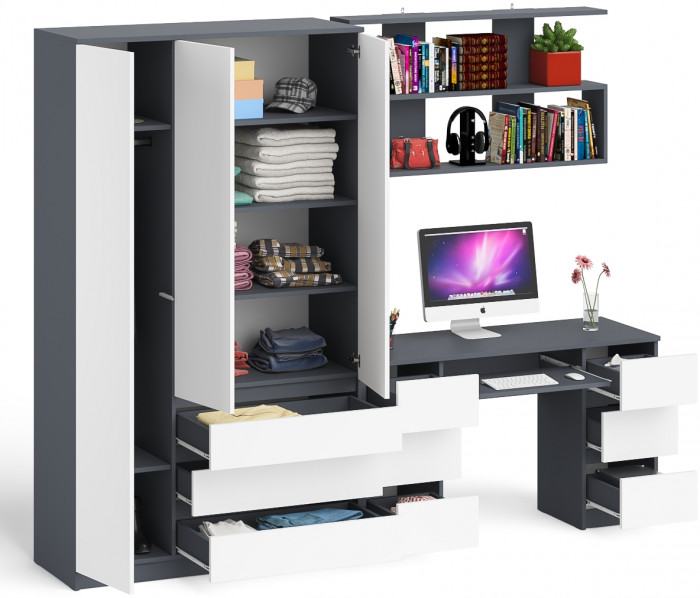 Мори компьютерный стол МС-2 + Шкаф МШ1200.1 + Полка 1200, графит/белый