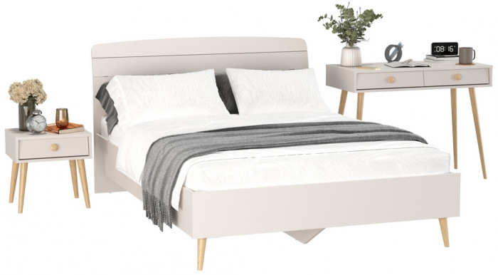 Афина Спальня Кровать 1400 + Стол + Тумба, цвет кашемир серый, ШхГхВ 144,6х210,2х95,7 + 100х45х76 + 45х37х45 см., 1400х2000 мм., б/м, осн. есть