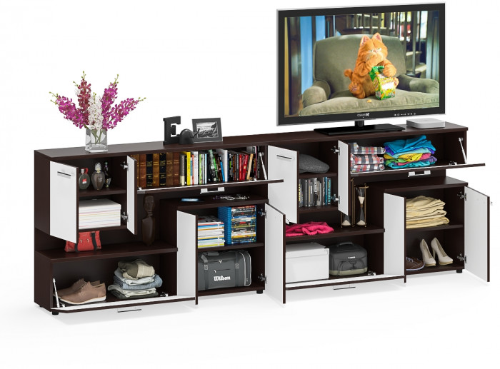 Две тумбы ТВ С-МД-С1-1400, цвет венге/белый шагрень, ШхГхВ 280х30х93 см., НЕ универсальная сборка