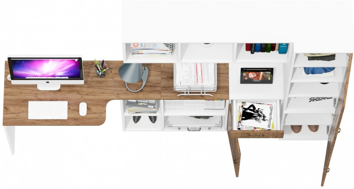 Лидер-8 Стол + Полка + Тумба МД 3.15 + Пенал МД 22Б, белый шагрень/крафт золото