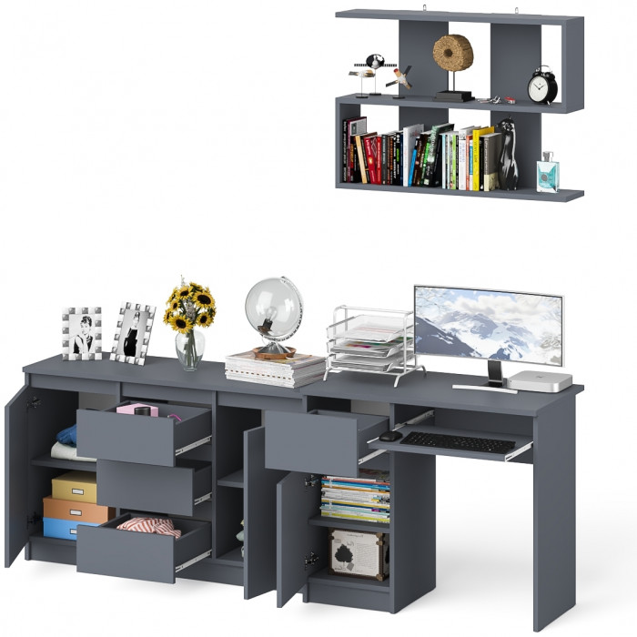 Мори компьютерный стол МС-1 левый + Комод МК1200.3 + Полка 900, графит
