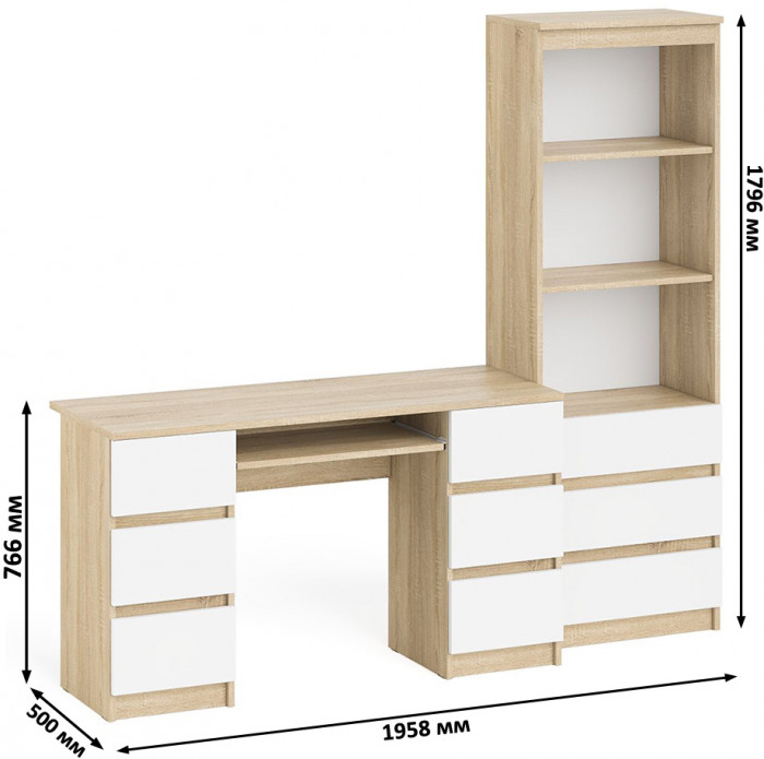 Мори компьютерный стол МС-2 + Стеллаж МСТ600.3, дуб сонома/белый