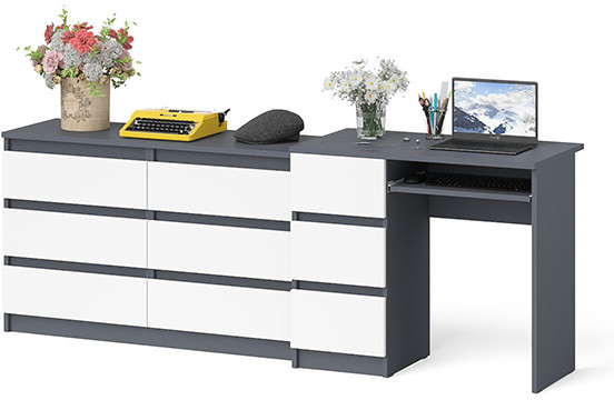 Мори компьютерный стол МС-6 левый + Комод МК1200.6, графит/белый