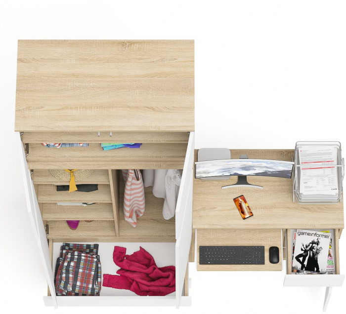 Мори Стол компьютерный МС-1 правый + Шкаф МШ900.1 + Антресоль МА900.1, цвет дуб сонома/белый, ШхГхВ 180,4х50,4х234,2 см., выдв. ящ. справа, НЕ ун. сб.