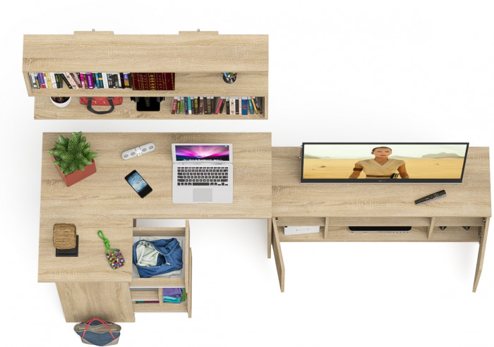 Мори компьютерный стол МС-16 левый + Тумба МТВ1200.1 + Полка 1200, дуб сонома