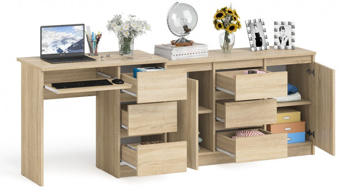 Мори компьютерный стол МС-6 правый + Комод МК1200.3, дуб сонома