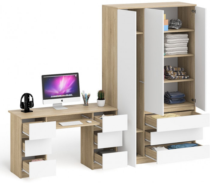 Мори Стол компьютерный МС-2 + Шкаф МШ1200.1, цвет дуб сонома/белый, ШхГхВ 255,8х50,4х209,6 см., универсальная сборка