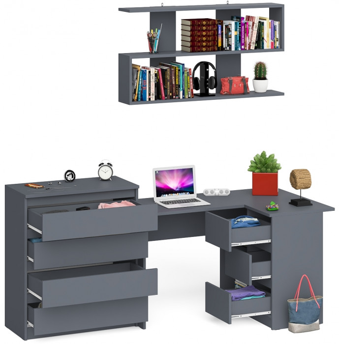 Мори компьютерный стол МС-16 правый + Комод МК800.4 + Полка 1200, графит