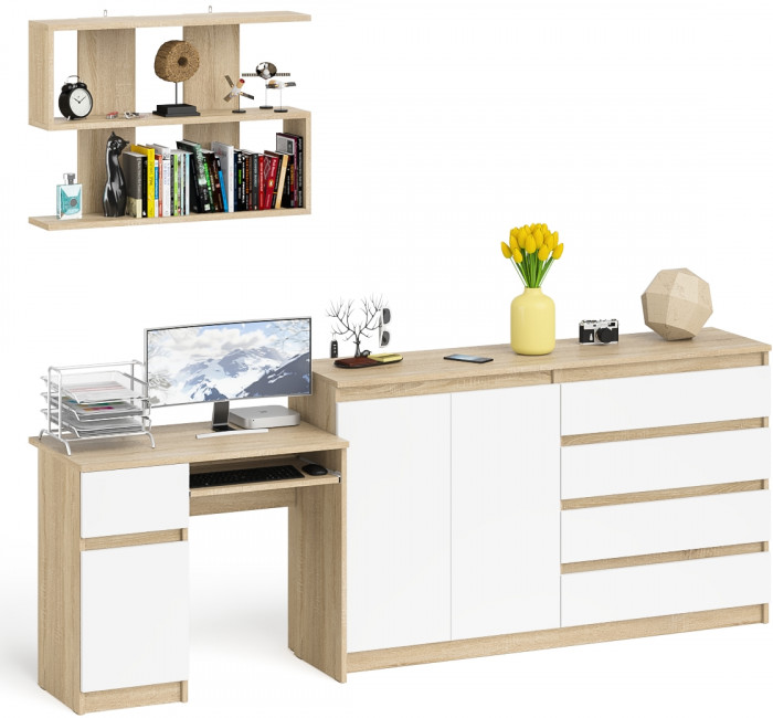 Мори компьютерный стол МС-1 левый + Комод МК1600.1 + Полка 900, дуб сонома/белый