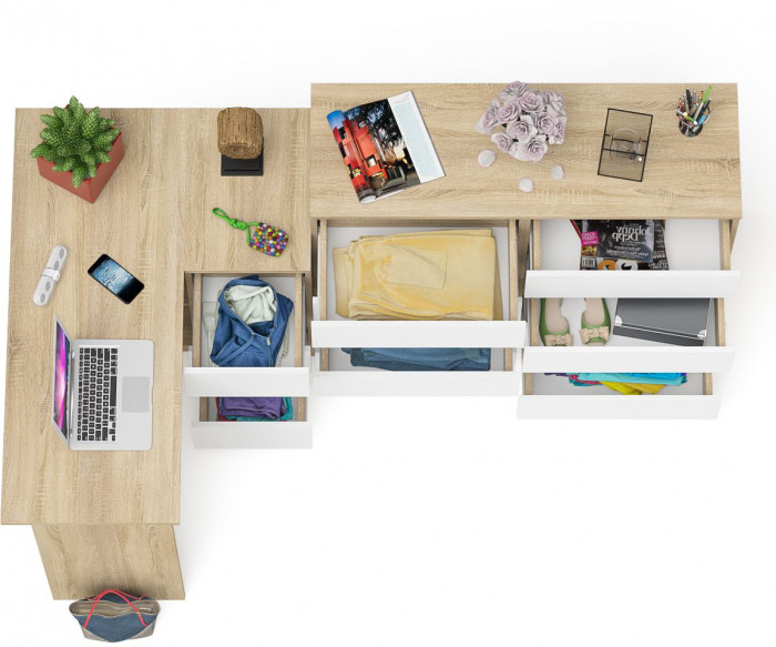 Мори компьютерный стол МС-16 правый + Комод МК1200.8, дуб сонома/белый