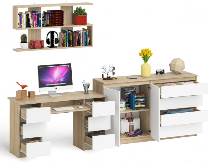 Мори компьютерный стол МС-2 + Комод МК1600.1 + Полка 1200, дуб сонома/белый