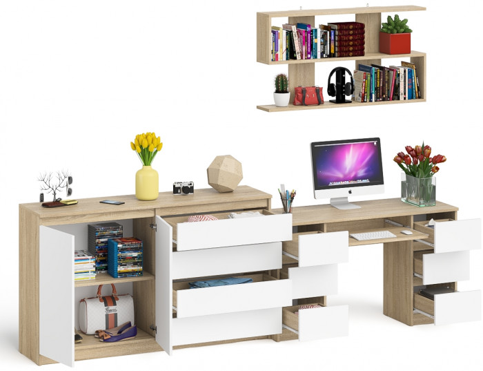 Мори компьютерный стол МС-2 + Комод МК1600.1 + Полка 1200, дуб сонома/белый