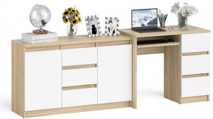 Мори компьютерный стол МС-6 правый + Комод МК1200.3, дуб сонома/белый
