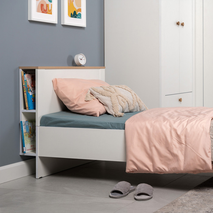 Джастин 11.54 Кровать, цвет белый шагрень/дуб белый эксклюзив, ШхГхВ 94,2х208,1х75,3 см, 900х1900, б/м, осн. есть, матрас до 150 мм, макс. нагр. 80 кг