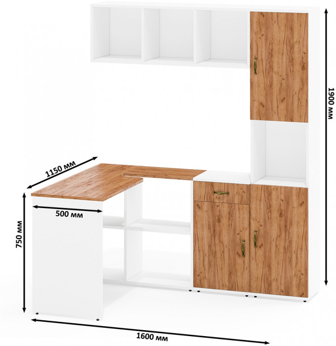Лидер-8 Стол + Полка + Тумба МД 3.15 + Пенал, белый шагрень/крафт золото