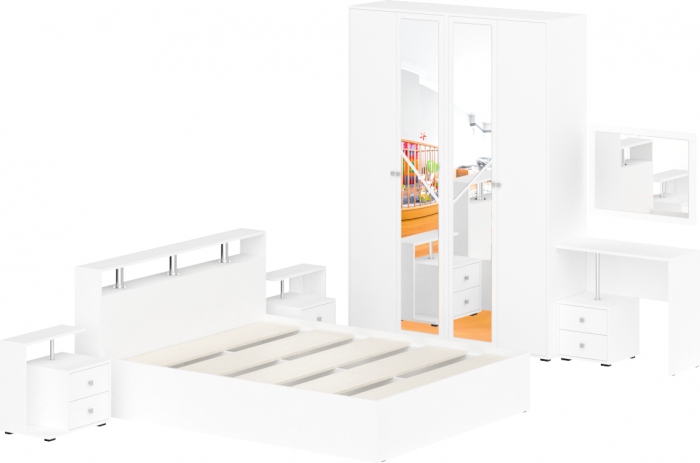 Камелия спальня № 2 Кровать 1600 + Две тумбы + Стол косметич. + Зеркало + Шкаф 4-х, цвет белый, сп.м. 1600х2000 мм., б/м, осн. есть