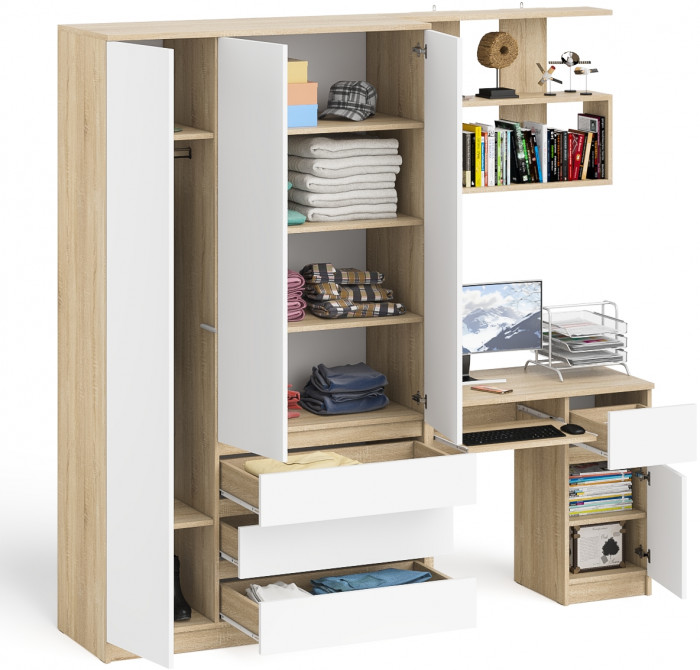 Мори компьютерный стол МС-1 правый + Шкаф МШ1200.1 + Полка 900, дуб сонома/белый