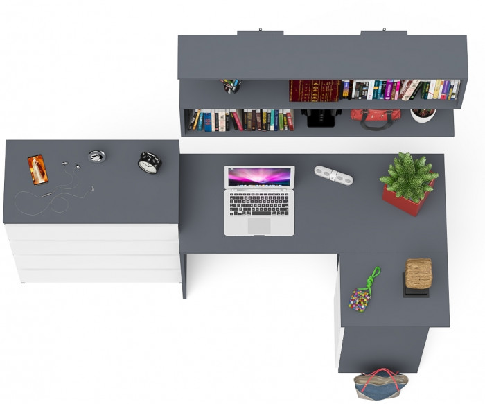 Мори компьютерный стол МС-16 правый + Комод МК800.4 + Полка 1200, графит/белый