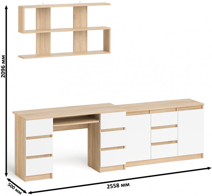 Мори компьютерный стол МС-2 + Комод МК1200.3 + Полка 1200, дуб сонома/белый