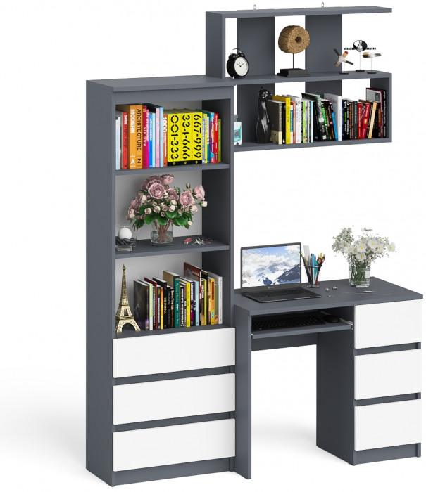 Мори компьютерный стол МС-6 правый + Стеллаж МСТ600.3 + Полка 900, графит/белый