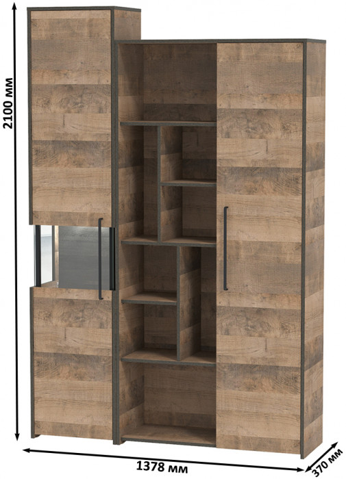 Трувор 13.205 Шкаф-пенал с витриной + 13.206 Шкаф-стеллаж, дуб гранж песочный/интра