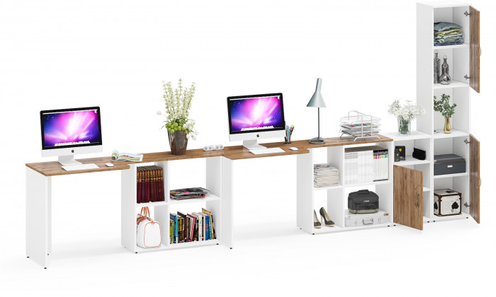 Лидер-8 Стол + Стол + Пенал + Тумба МД 3.19, белый шагрень/крафт золото