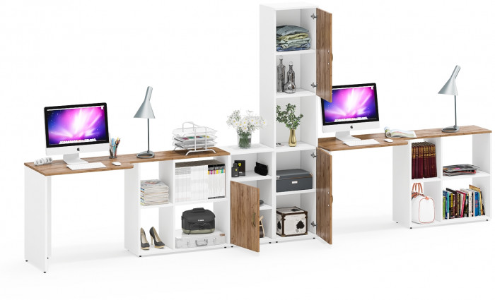 Лидер-8 Стол + Стол + Пенал + Тумба МД 3.19, белый шагрень/крафт золото