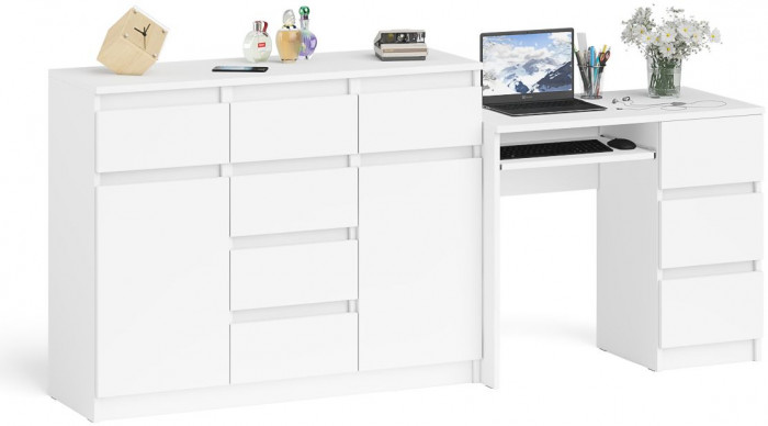 Мори компьютерный стол МС-6 правый + Комод МК1200.4, белый