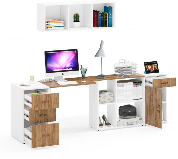 Лидер-8 Стол + Полка + Тумба МД 3.15 + Тумба МД 3.16, белый шагрень/крафт золото