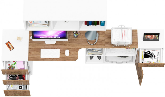 Лидер-8 Стол + Полка + Тумба МД 3.15 + Тумба МД 3.16, белый шагрень/крафт золото