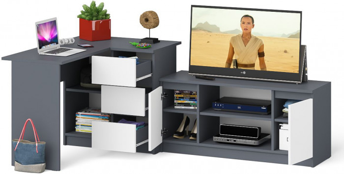 Мори Стол компьютерный МС-16 правый + Тумба МТВ1200.1, цвет графит/белый, ШхГхВ 244,8х84,9х76,6 см., выдвижные ящики справа, НЕ универсальная сборка