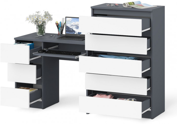 Мори Стол компьютерный МС-6 левый + Комод МК700.5, цвет графит/белый, ШхГхВ 160,4х50х114 см., выдвижные ящики слева, НЕ универсальная сборка