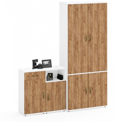 Лидер-8 Шкаф МД 20Б + Тумба МД 3.15 + Тумба МД 3.19, белый шагрень/крафт золото