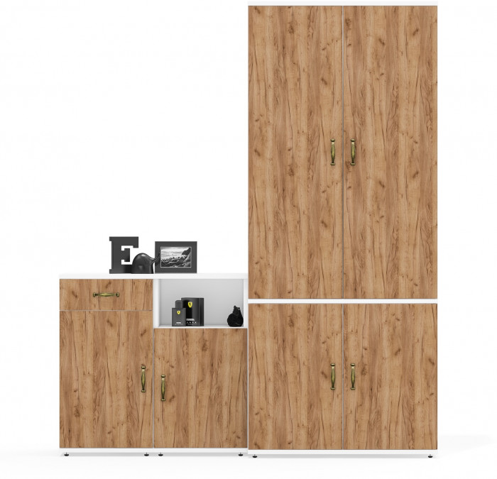 Лидер-8 Шкаф МД 20Б + Тумба МД 3.15 + Тумба МД 3.19, белый шагрень/крафт золото