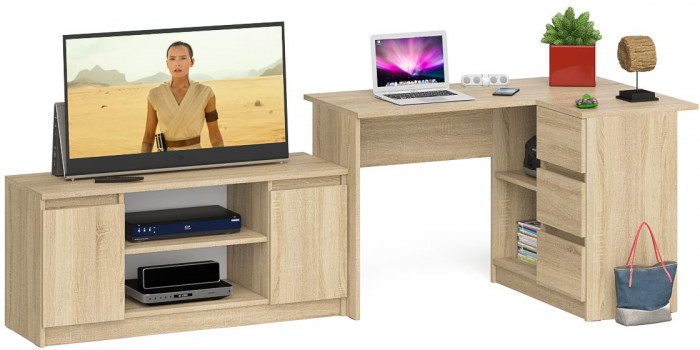 Мори Стол компьютерный МС-16 правый + Тумба МТВ1200.1, цвет дуб сонома, ШхГхВ 244,8х84,9х76,6 см., выдвижные ящики справа, НЕ универсальная сборка