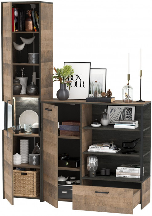 Трувор 13.205 Шкаф-пенал с витриной + 13.307.01 Комод, дуб гранж песочный/интра