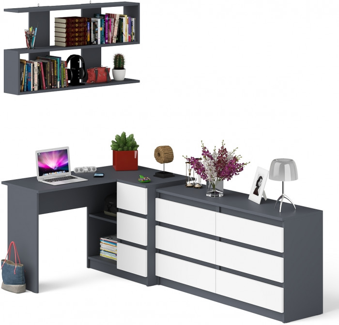 Мори компьютерный стол МС-16 правый + Комод МК1380.6 + Полка 1200, графит/белый