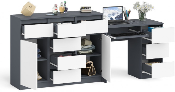 Мори компьютерный стол МС-6 правый + Комод МК1200.4, графит/белый