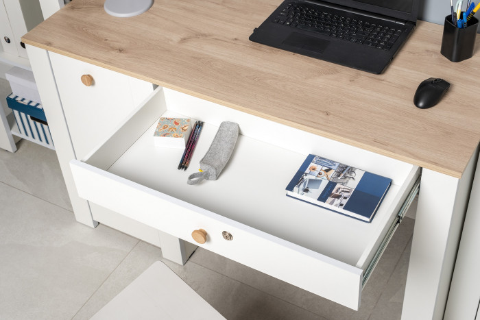 Джастин 12.154 Стол письменный, цвет белый шагрень/дуб белый эксклюзив, ШхГхВ 126,2х54,8х75,3 см., универсальная сборка