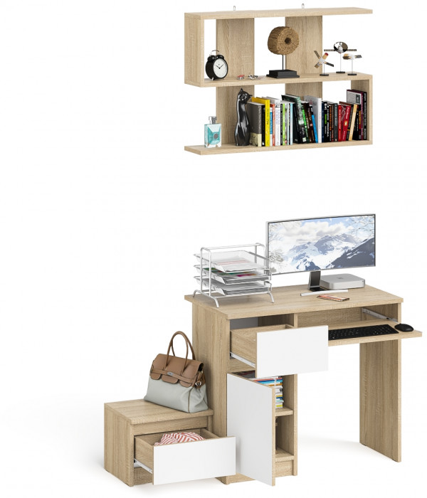 Мори компьютерный стол МС-1 левый + Тумба ТМП400.1 + Полка 900, дуб сонома/белый